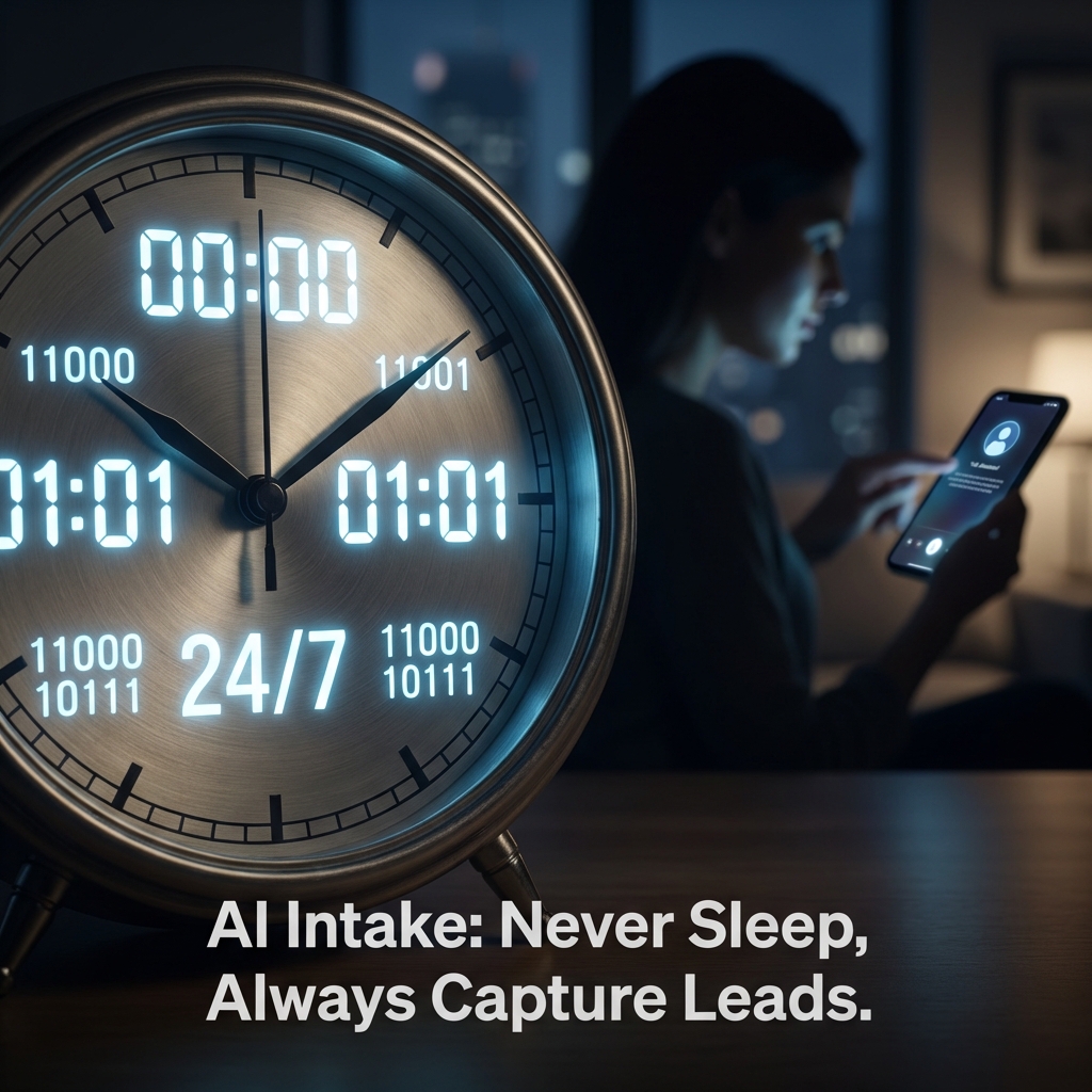 Glowing 24/7 clock face beside a woman using her phone at night, captioned “AI Intake: Never Sleep, Always Capture Leads”