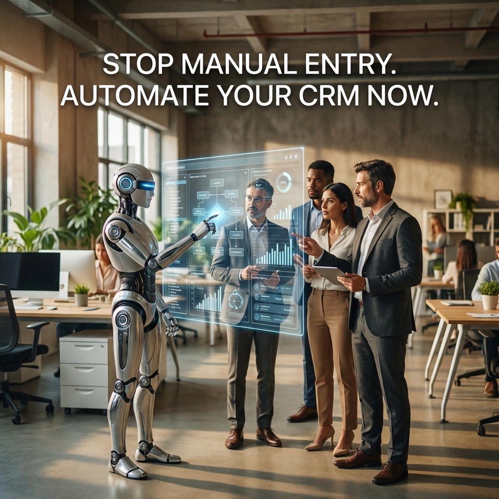 A humanoid robot points at a holographic CRM dashboard while four colleagues look on in a bright open-plan office