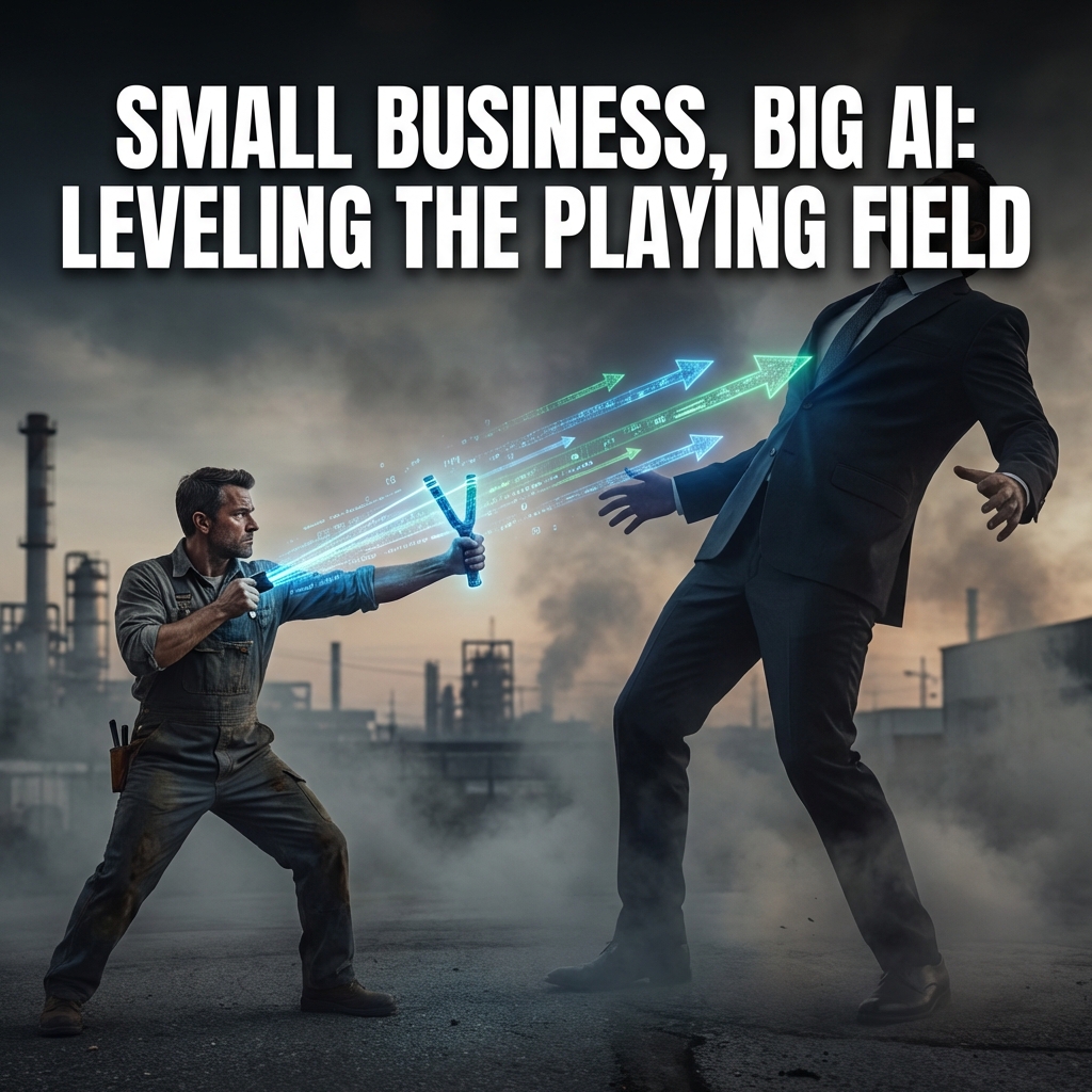 A worker in overalls fires glowing data arrows from a slingshot at a giant businessman in a suit, in an industrial haze