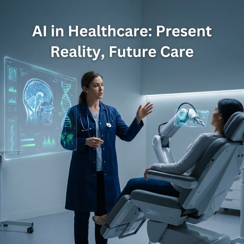 A doctor presents a holographic brain scan and DNA display to a patient in an exam chair beside a robotic arm