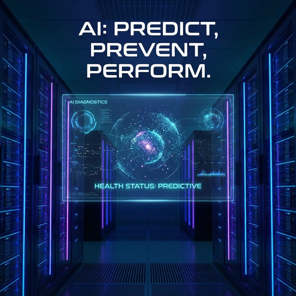 Aisle of server racks with blue and purple lights and a floating AI Diagnostics panel reading Health Status: Predictive