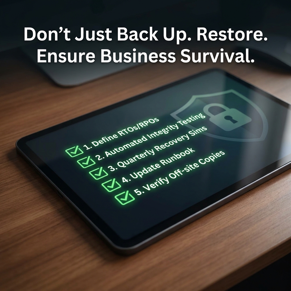 A tablet on a wooden desk shows a glowing five-item backup checklist over a padlock shield