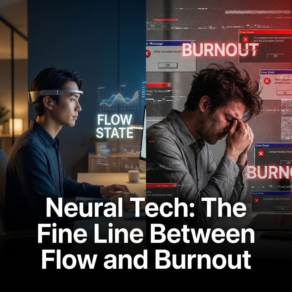 Split scene: a calm man in a neural headband (Flow State) beside a stressed man among red error pop-ups (Burnout)