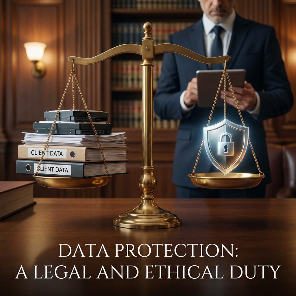 Brass scales weigh Client Data binders and hard drives against a glowing padlock shield, with a lawyer behind