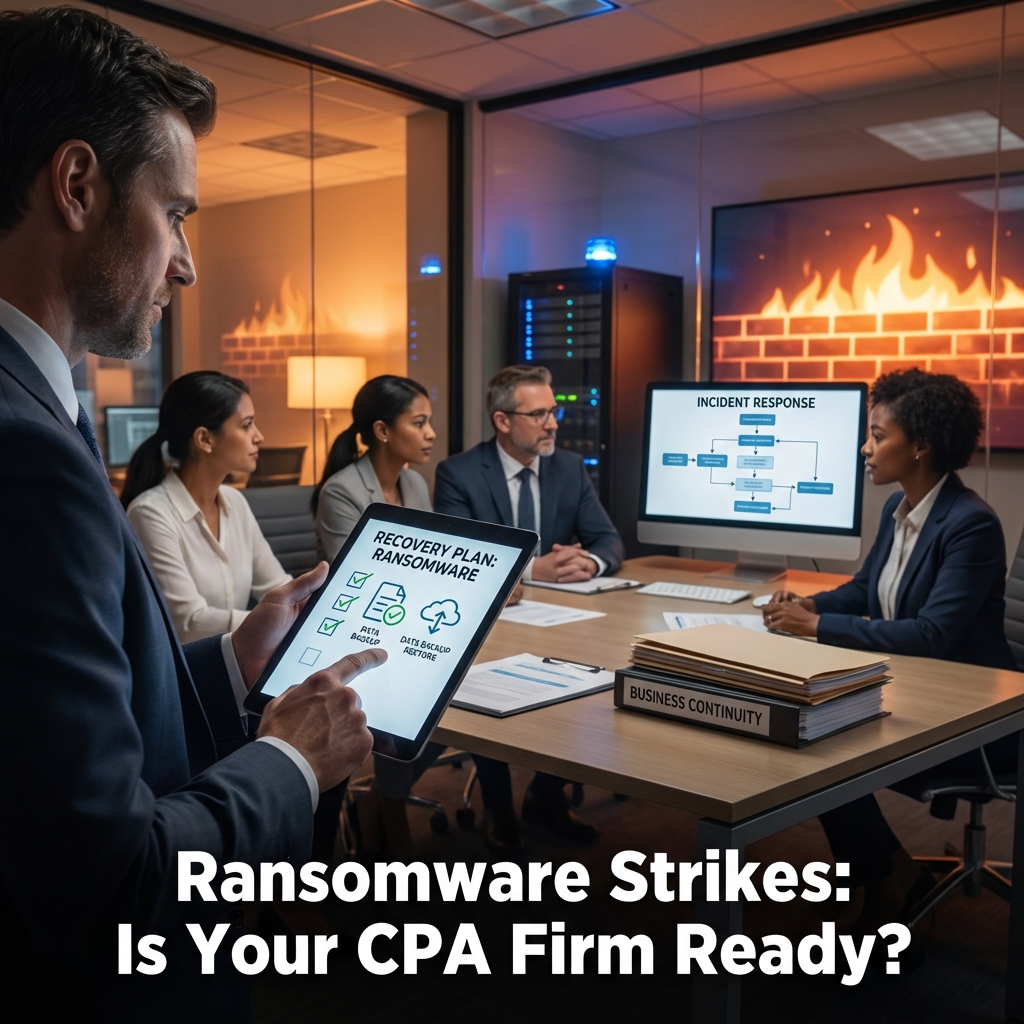 Executives in a meeting review a ransomware recovery plan on a tablet; a screen shows a burning firewall