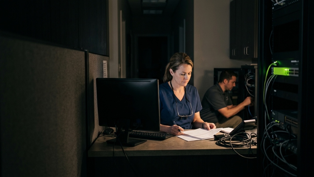 A clinic staff member works at a desk beside a server rack while a technician checks equipment behind her